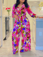 Printed Blouse Wide Leg Trousers Two Pieces Set