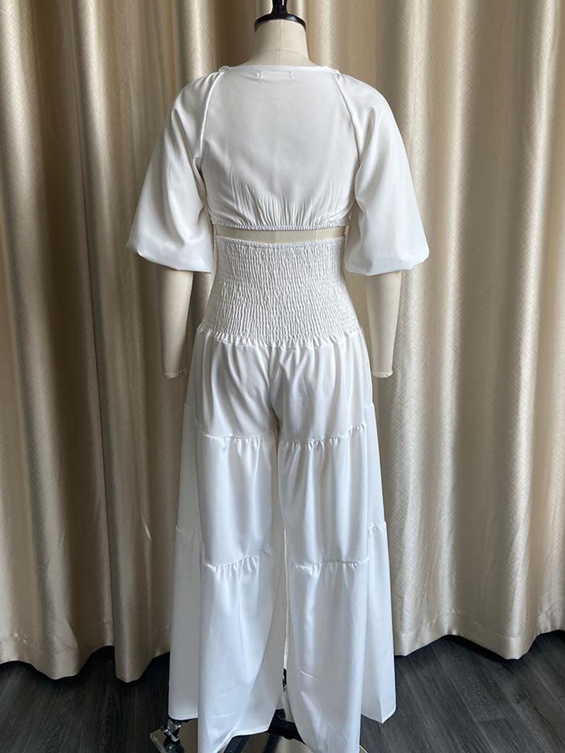 Sexy V Neck Tied Front Crop Tops And Wide Leg Pants Set