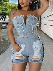 Sexy Strapless Ripped Denim Romper