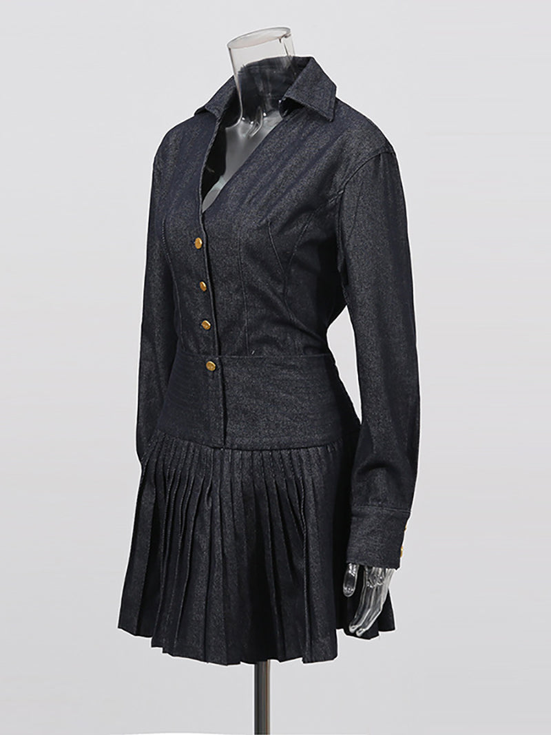 Fashion Denim Jacket Pleated Mini Skirt Set