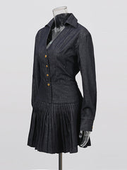 Fashion Denim Jacket Pleated Mini Skirt Set