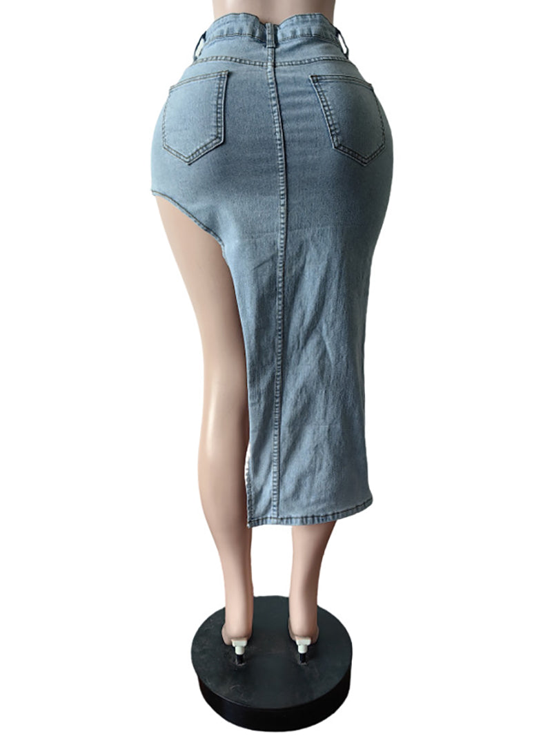 Casual Patch Letter Embroider High Split Denim Skirt