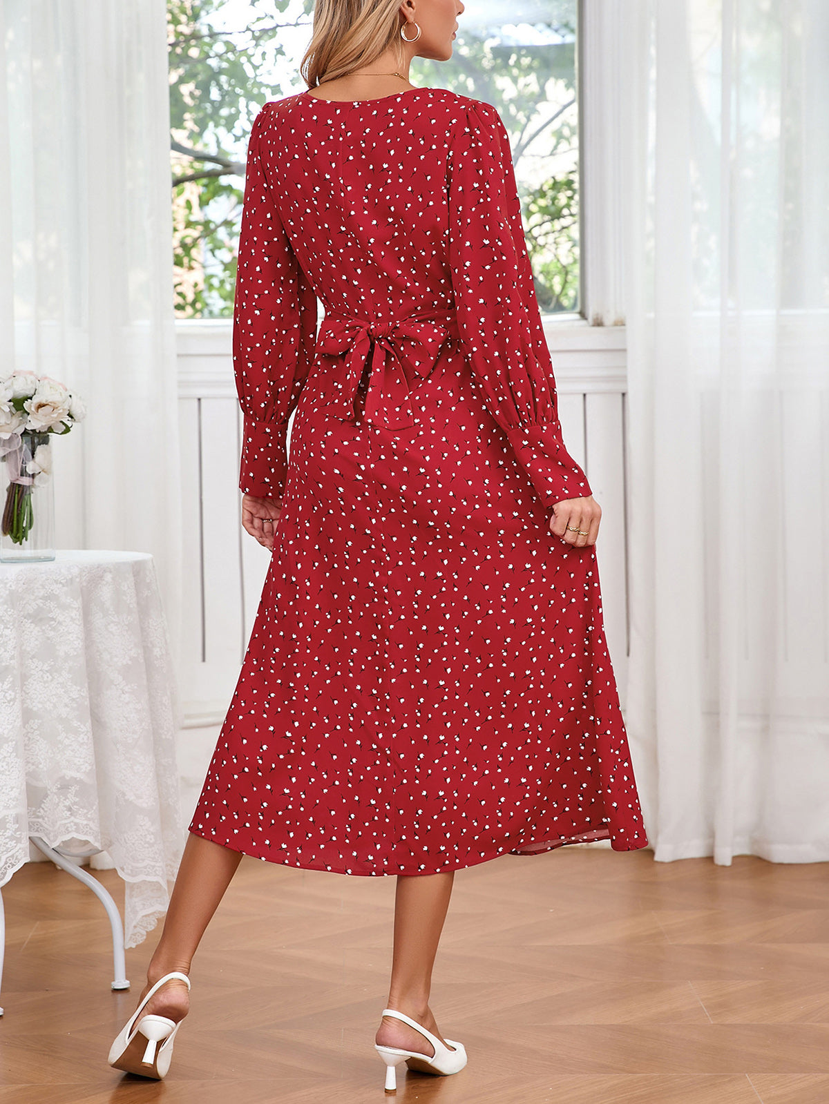 Casual Print Lantern Sleeve Belted Midi Dress