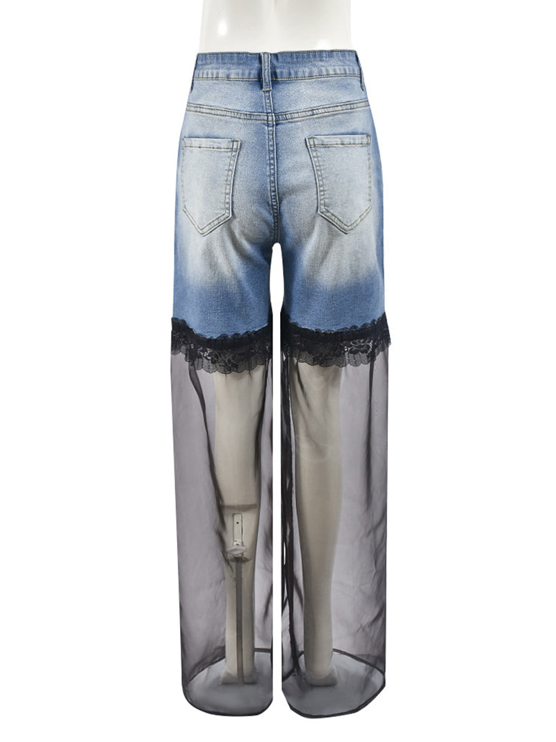 Fashion Lace Mesh Patchwork Denim Pants