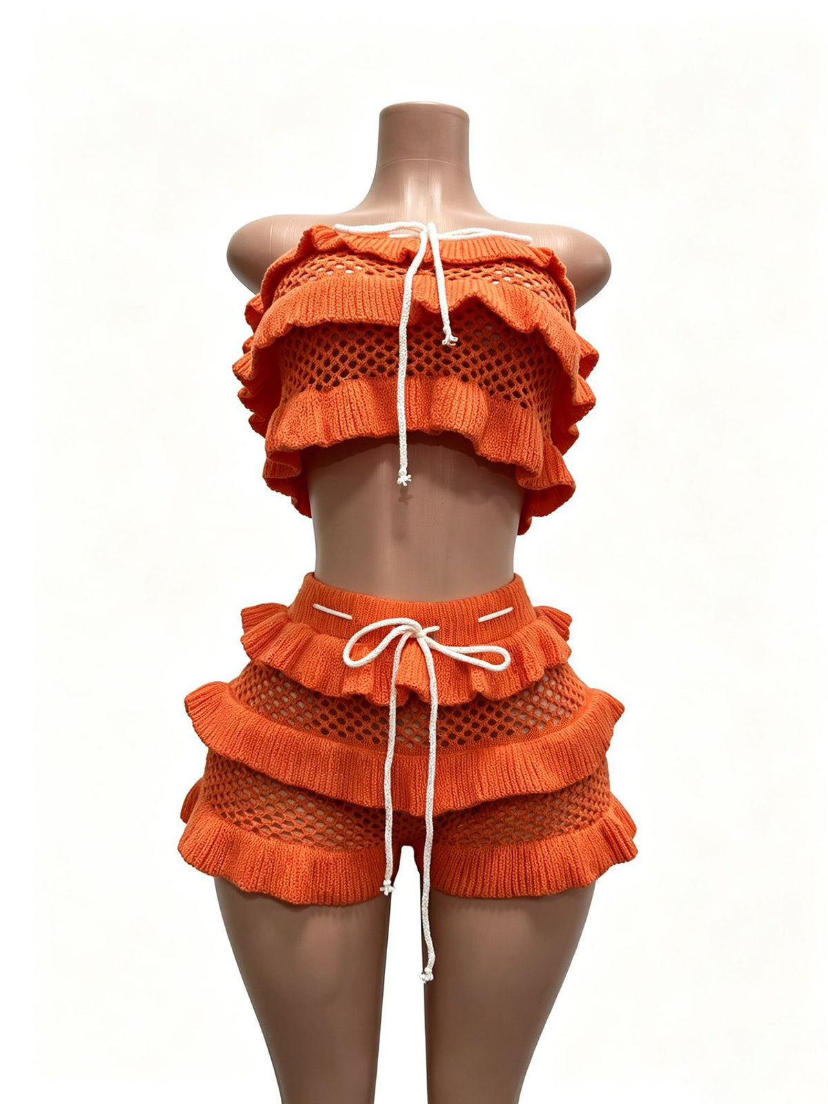 Casual Ruffles Knits Tie Up Beach Two Piece Set