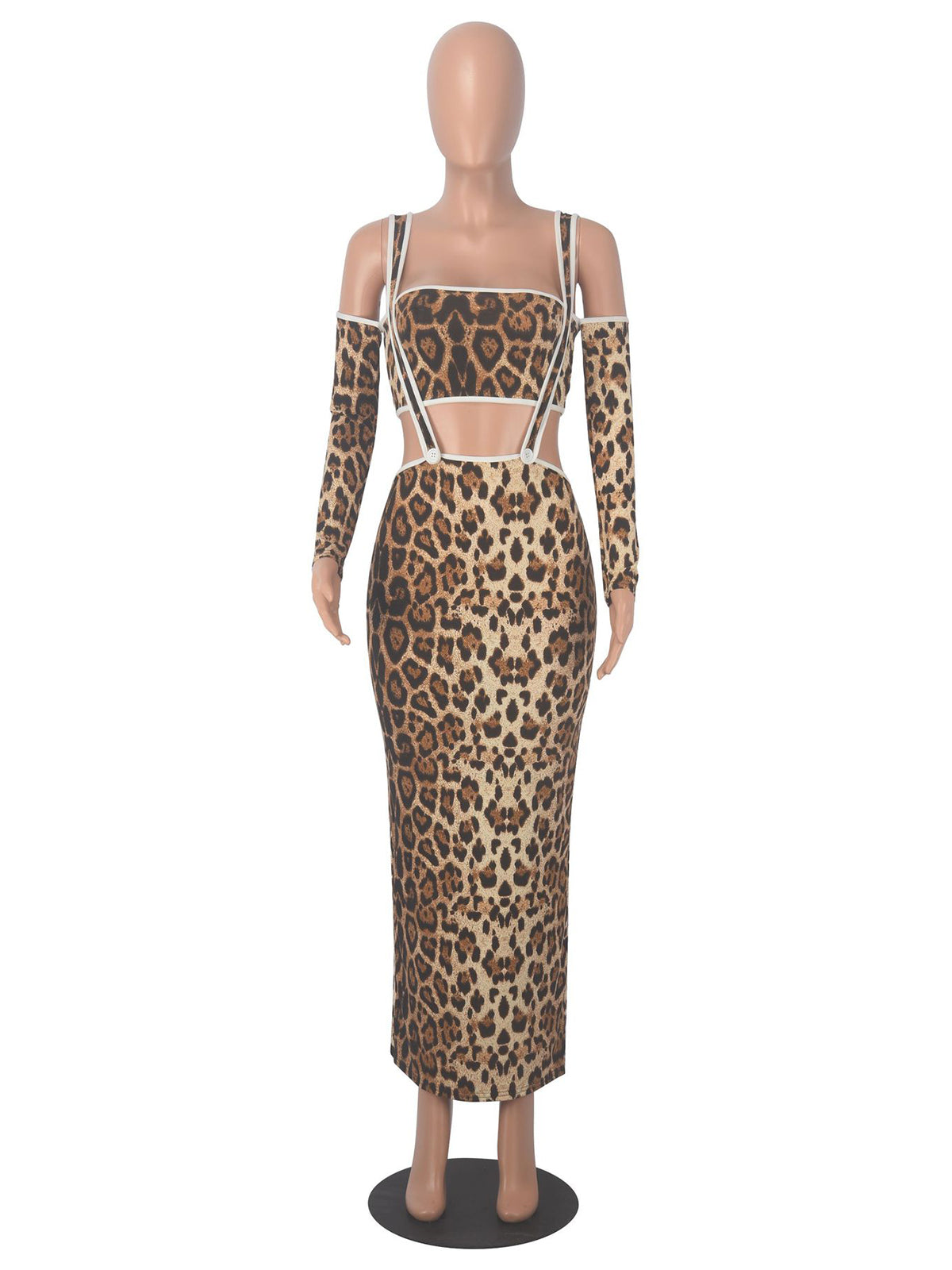 Sexy Slim Fit Leopard Print Two Piece Long Sleeve Dress