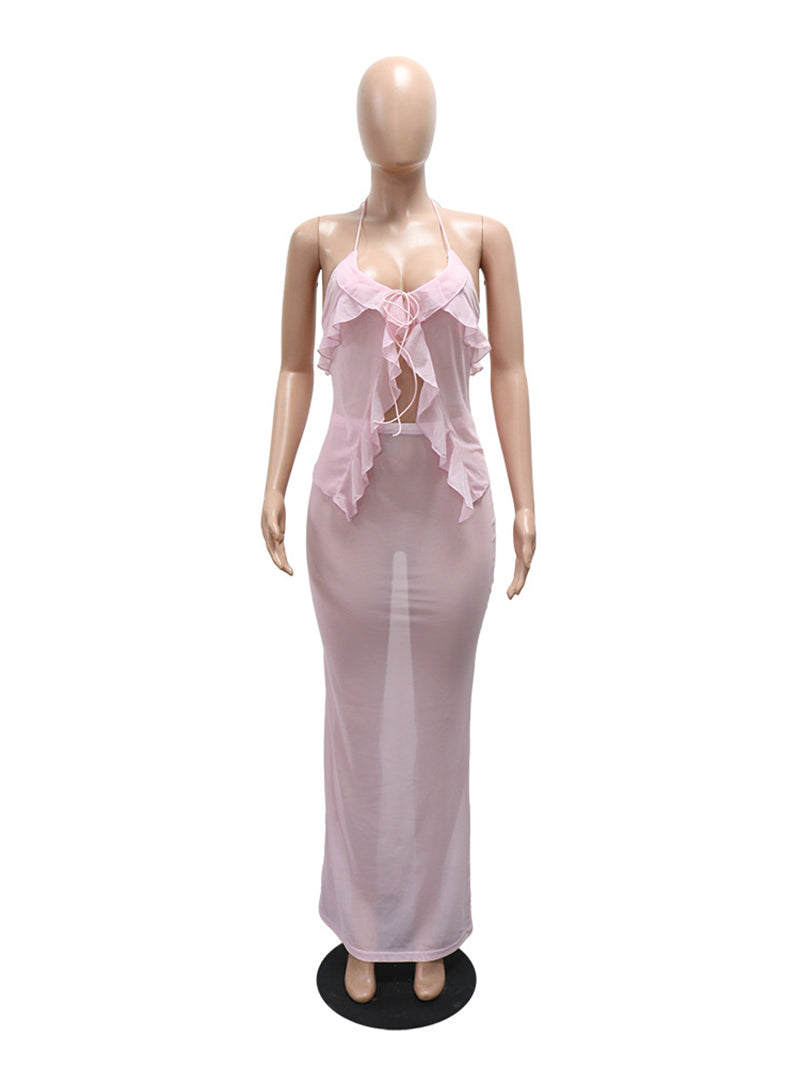 Sexy Asymmetric Sheer Mesh Long Skirt Two Piece Set