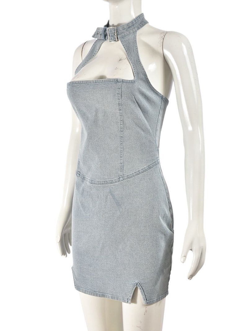 Sexy Halter Sleeveless Bodycon Denim MIni Dress