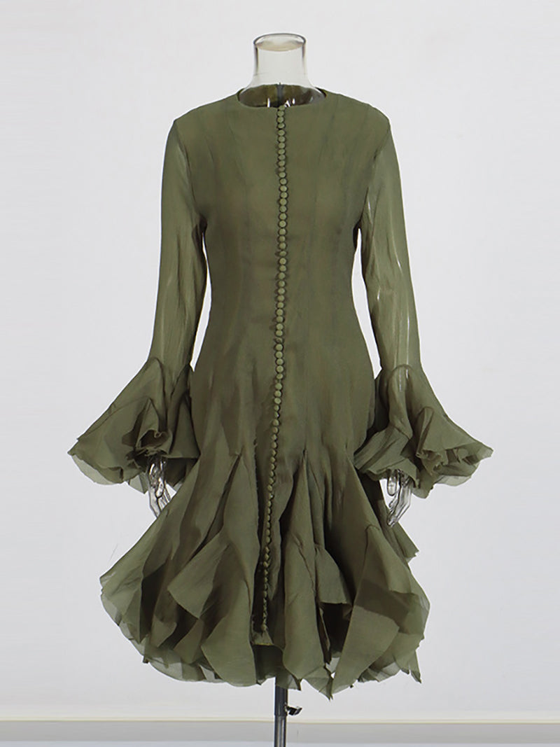 Round Collar Flare Sleeve Patchwork Ruffle Midi Dress