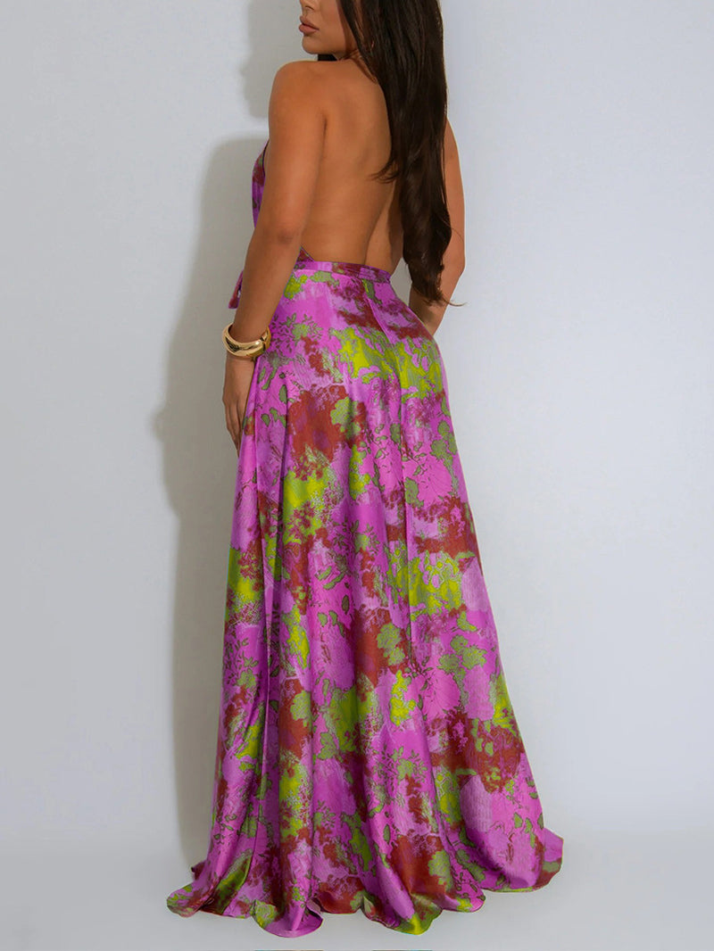 Sexy Satin Print Backless Halter Dress