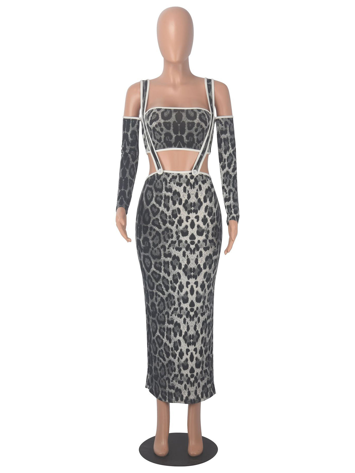 Sexy Slim Fit Leopard Print Two Piece Long Sleeve Dress