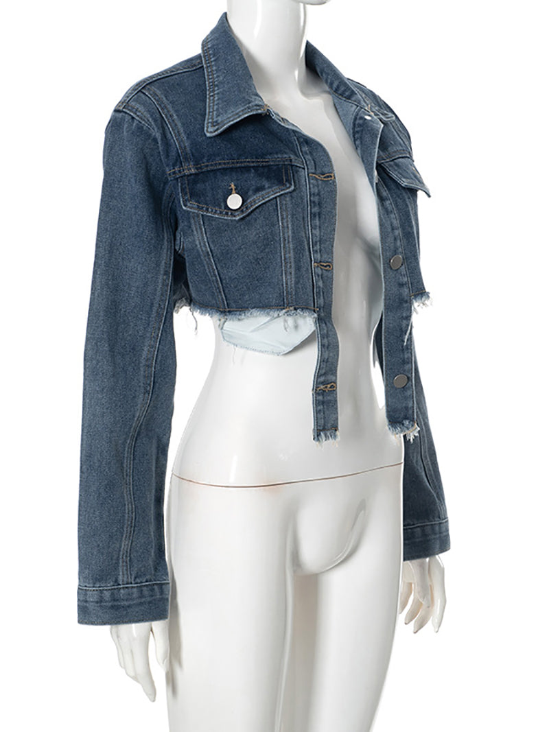 Casual Long Sleeve Cropped Denim Jacket