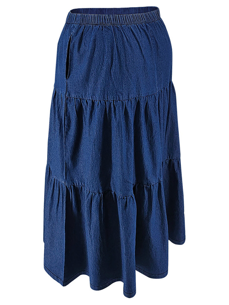 High Waist Ruffle Hem Maxi Denim Skirt