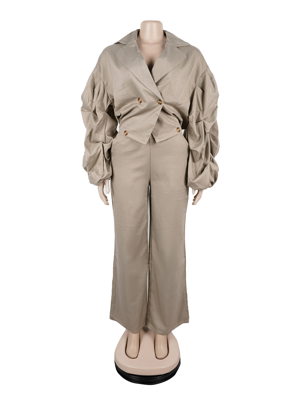 Turn-down Collar Pleated Sleeve Straight Pants Set