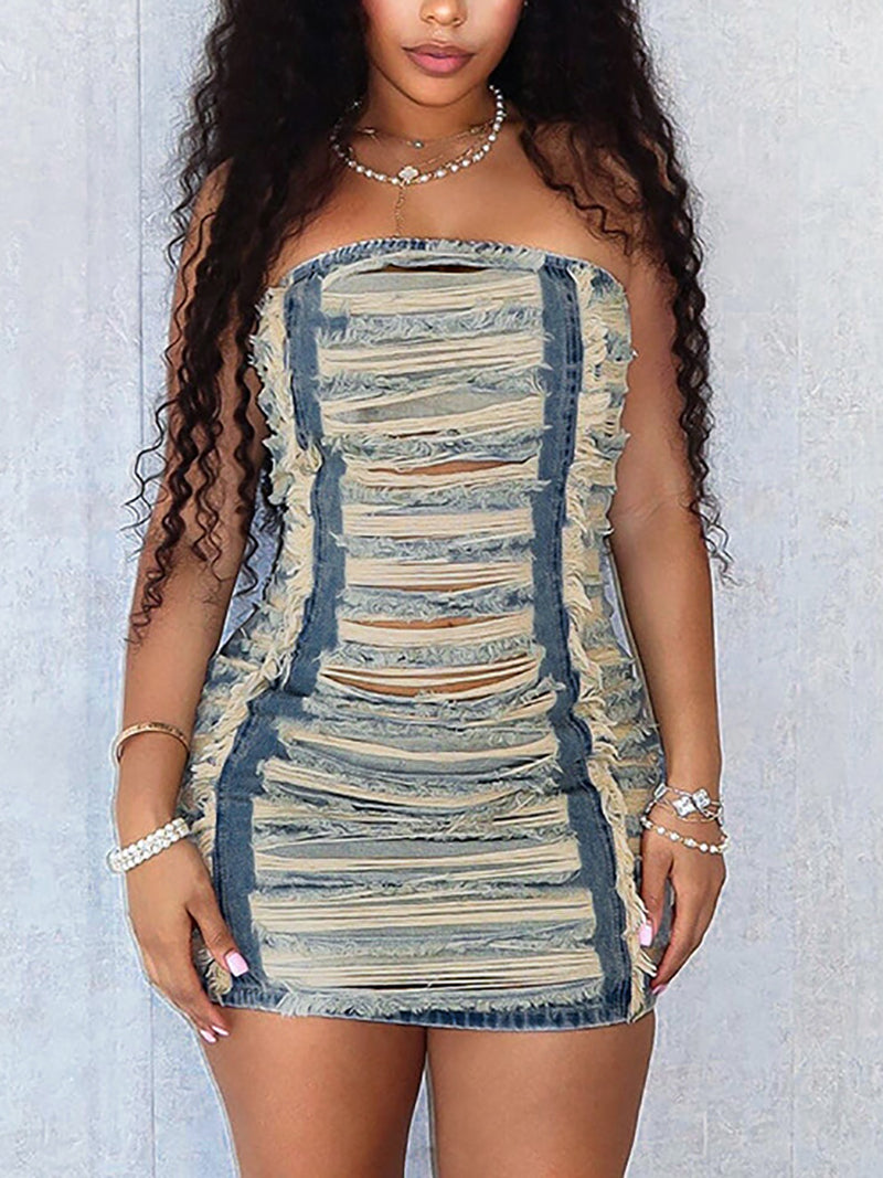 Fashion Party Bodycon Ripped Denim Mini Dress