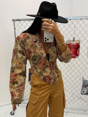 Floral Jacquard Lapel Zip Front Cropped Jacket