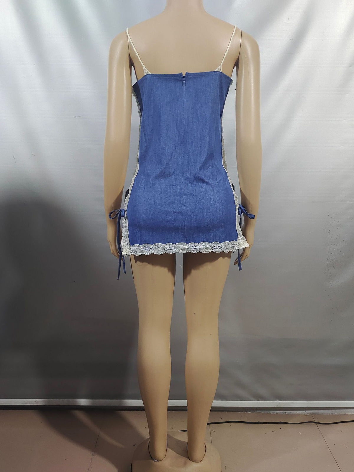Sexy Lace Bandage Denim Patchwork Mini Dress