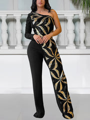 Elegant One Shoulder Sequin Slim Jumpsuit