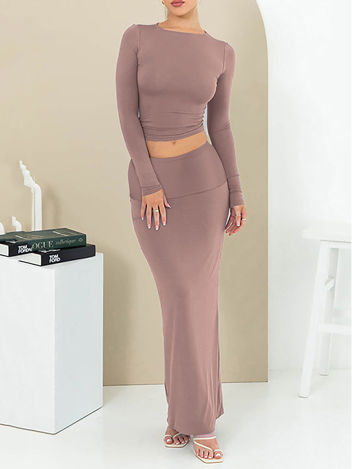 Long Sleeve Bodycon Pullover Top Maxi Skirt Set