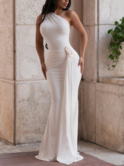 Elegant One Shoulder Metal Decor Ribbons Maxi Dress