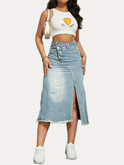 Retro High Waist Denim Split Skirt