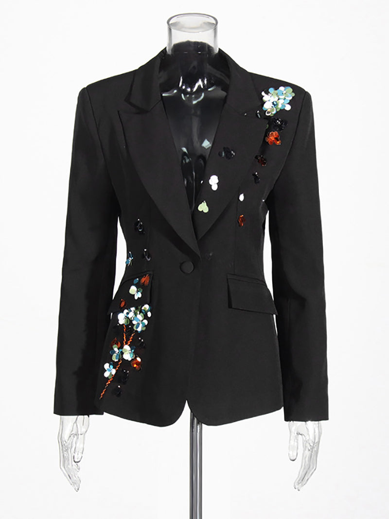 Sequin Flower Scrunched Casual Blazer