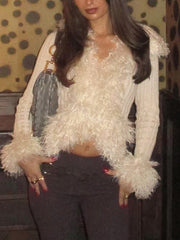 Fashion Faux Fur Ribbed Cardigan Sweater