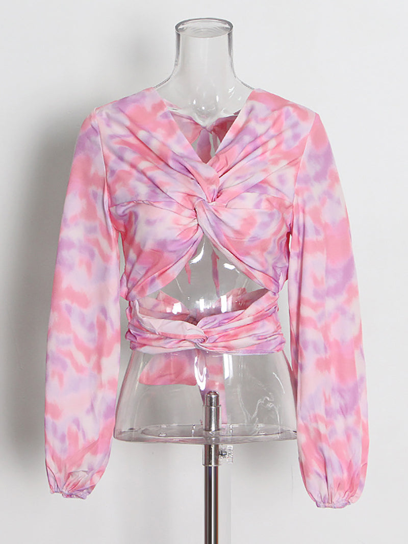 Casual Print Slim Hollow Out Backless Cropped Shirt