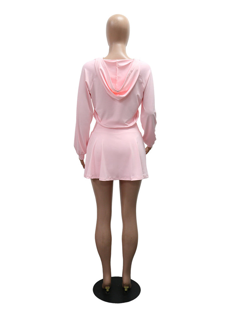 Casual Pocket Zipper Hooded Pleated Skirt Sets