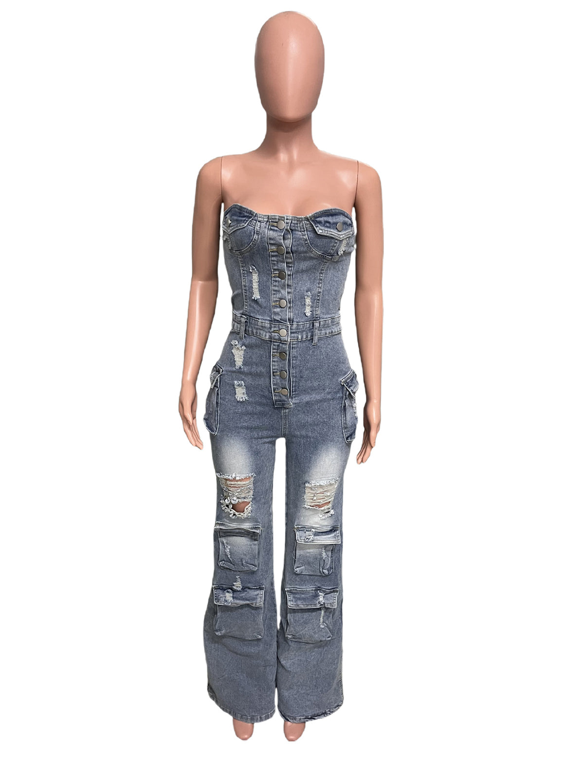 Fashion Strapless Cargo Denim Jumpsuit