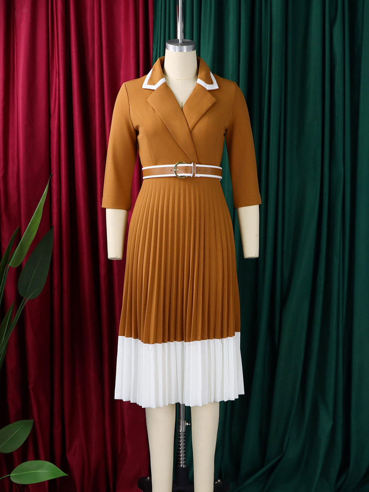 Fashion Full Sleeve Notched Neck High Waist Midi Dress