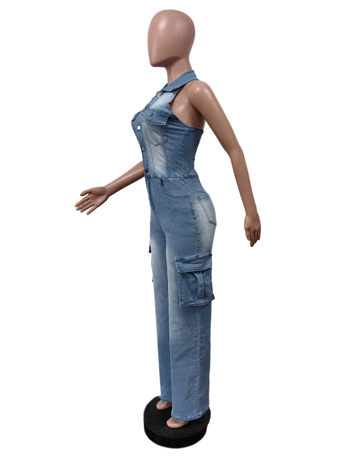 Halter Button-Front Denim Jumpsuit