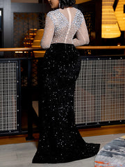 Round neck Rhinestone Split Maxi Evening Gown