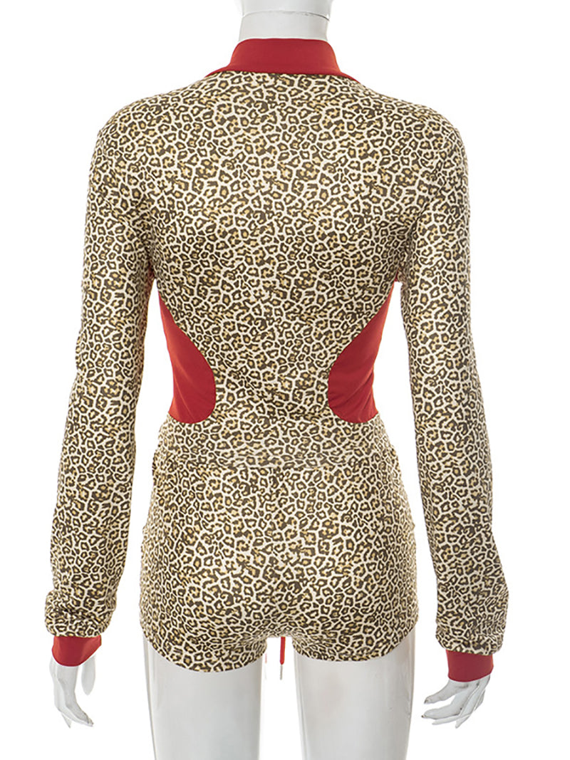 Casual Leopard Print Zipper Top Drawstring Shorts Sets