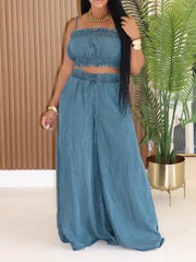 Spaghetti Strap Top And Wide Leg Denim Pants Sets