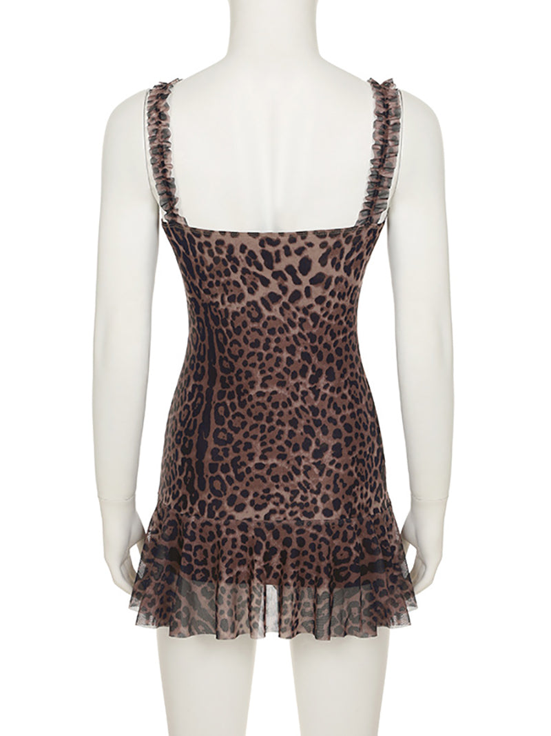 Sexy Leopard Print Backless Mesh Mini Dress