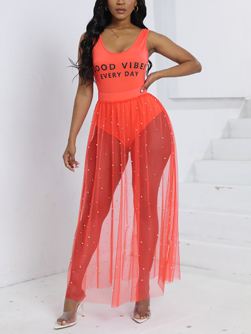 Bodysuit See-Through Mesh Beach Skirt Two-piece Set