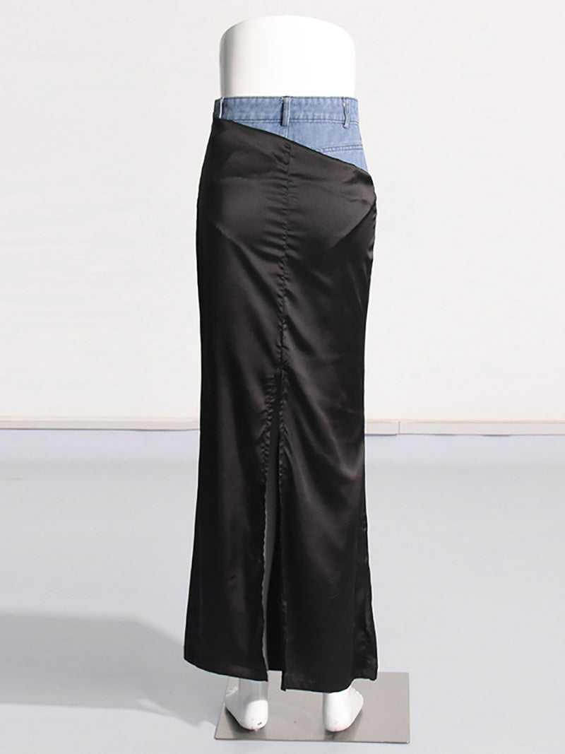 High Waist Denim Patchwork Satin Maxi Slip Skirt