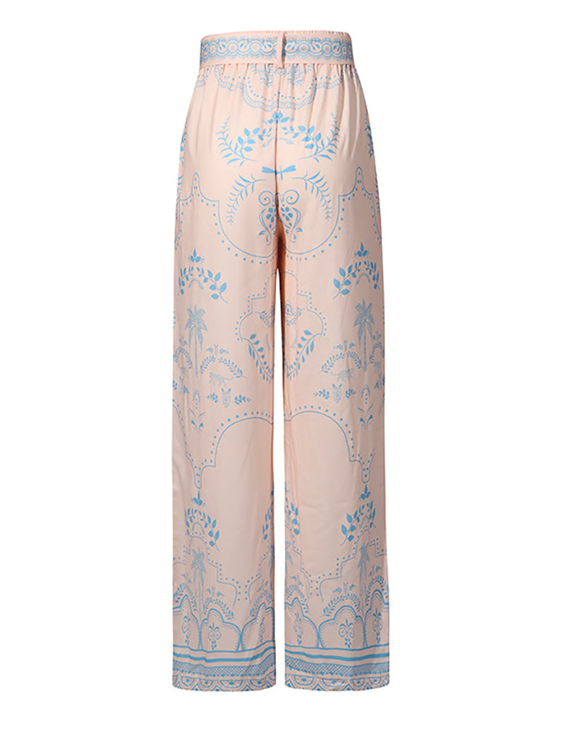 Print Puff Short Sleeve Shirt And Straight Pants Set