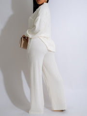 Fashion Rib Shirt Straight Pants Two Pieces Set