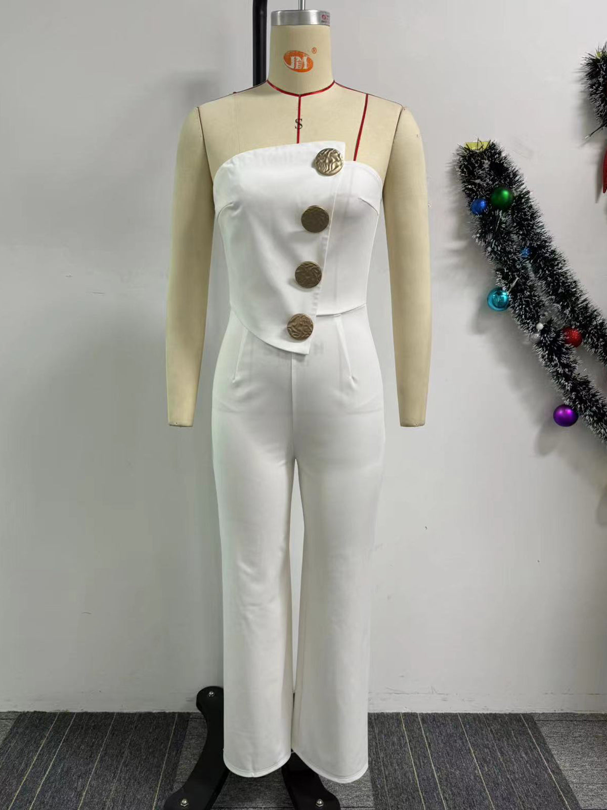 Flared Tube Top Button-Embellished Jumpsuit