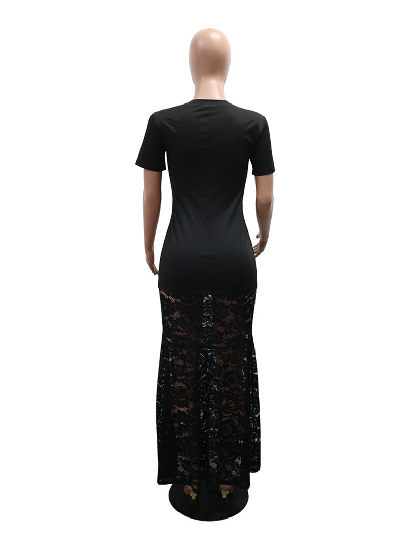 Sexy Letter Print Lace Patchwork Hem Maxi Dress