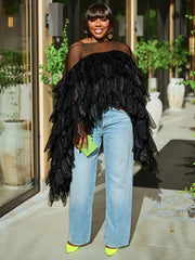 Layered Ruffle One Shoulder Mesh Top