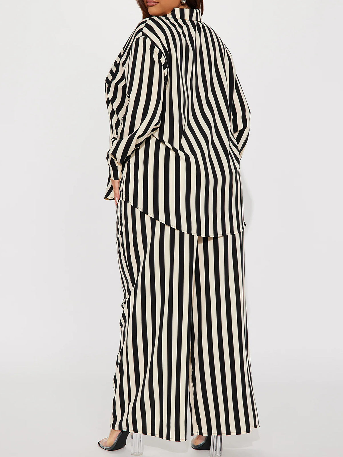 Plus Size Long Sleeve Stripe Shirt Wide Leg Pants Sets