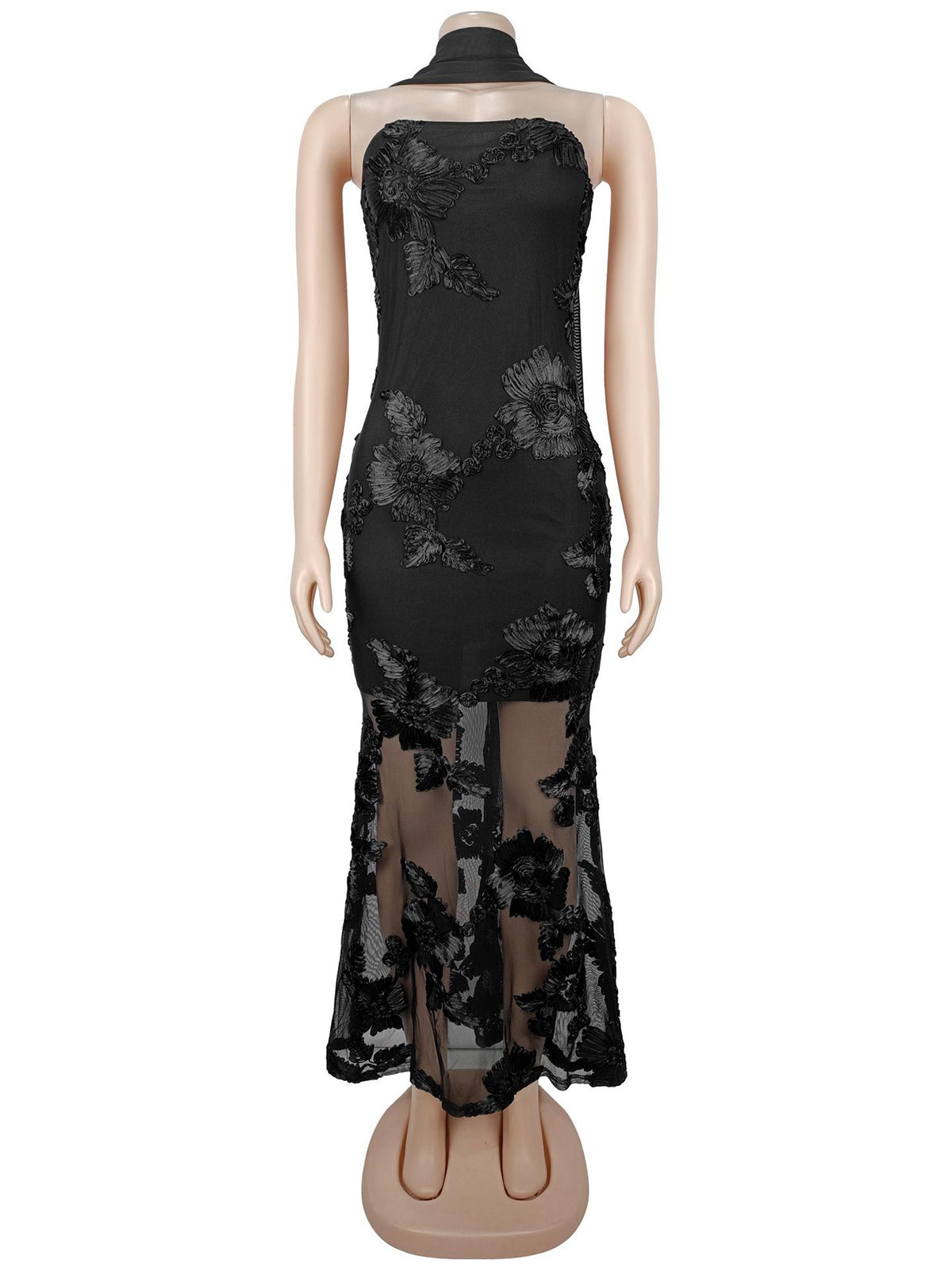 Elegant Embroidered Floral Mesh Slim Maxi Dress