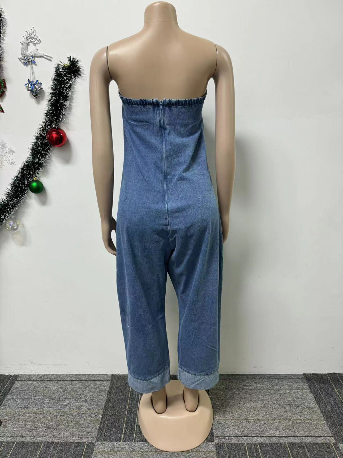 Strapless Cargo Denim Loose Jumpsuit