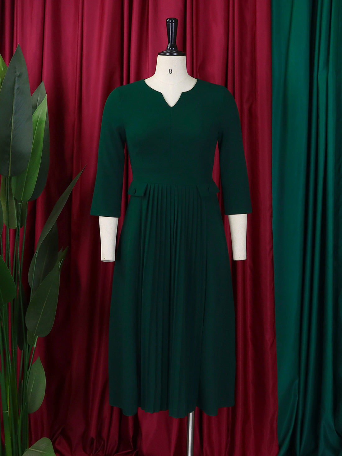 Business Casual Round Neck Slim Pleated Midi Dress