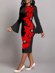 Elegant Crew Neck Floral Print Flare Sleeve Midi Dress