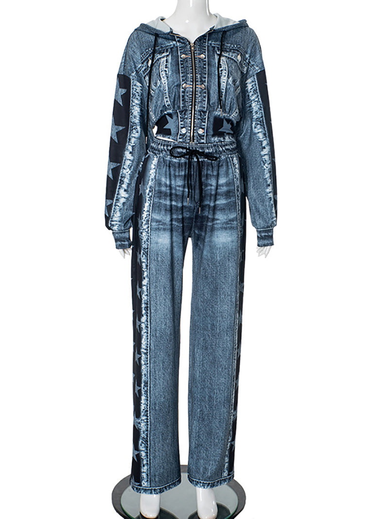 Casual Denim Print Stretch Waist Pants set