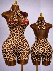 Sexy Leopard Print Halter Backless Tie-wrap Rompers